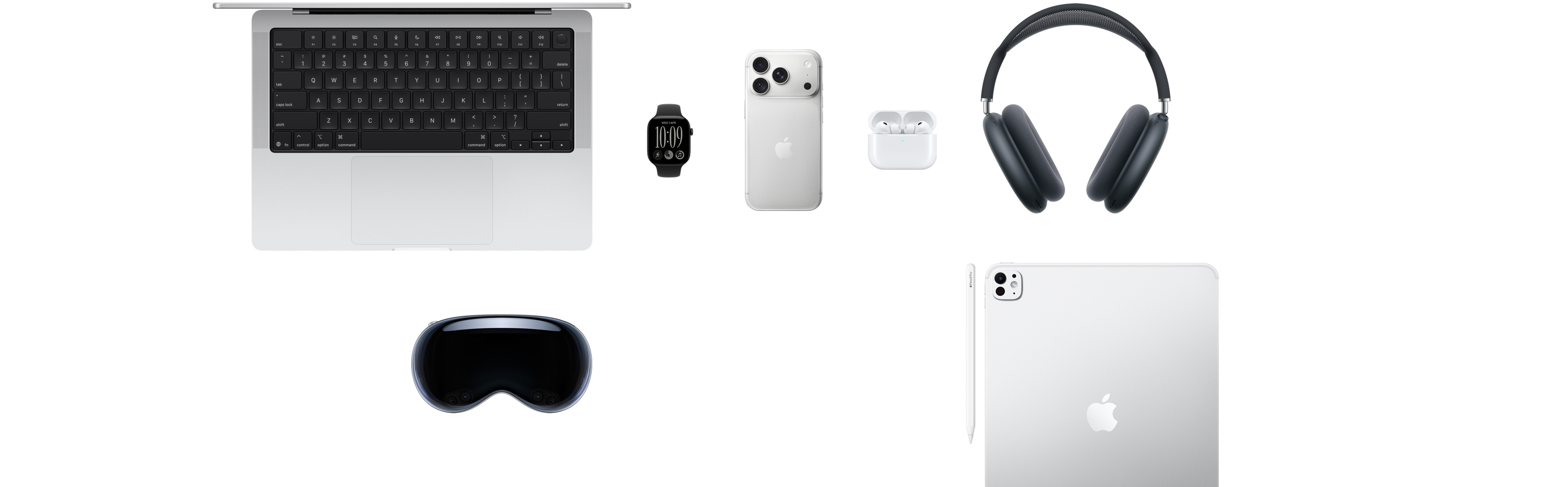 Various Apple products, including a MacBook, an Apple Watch Series 11, an iPhone 17 Pro, AirPods Pro 3, AirPods Max, Apple Vision Pro, an Apple Pencil Pro and an iPad Pro