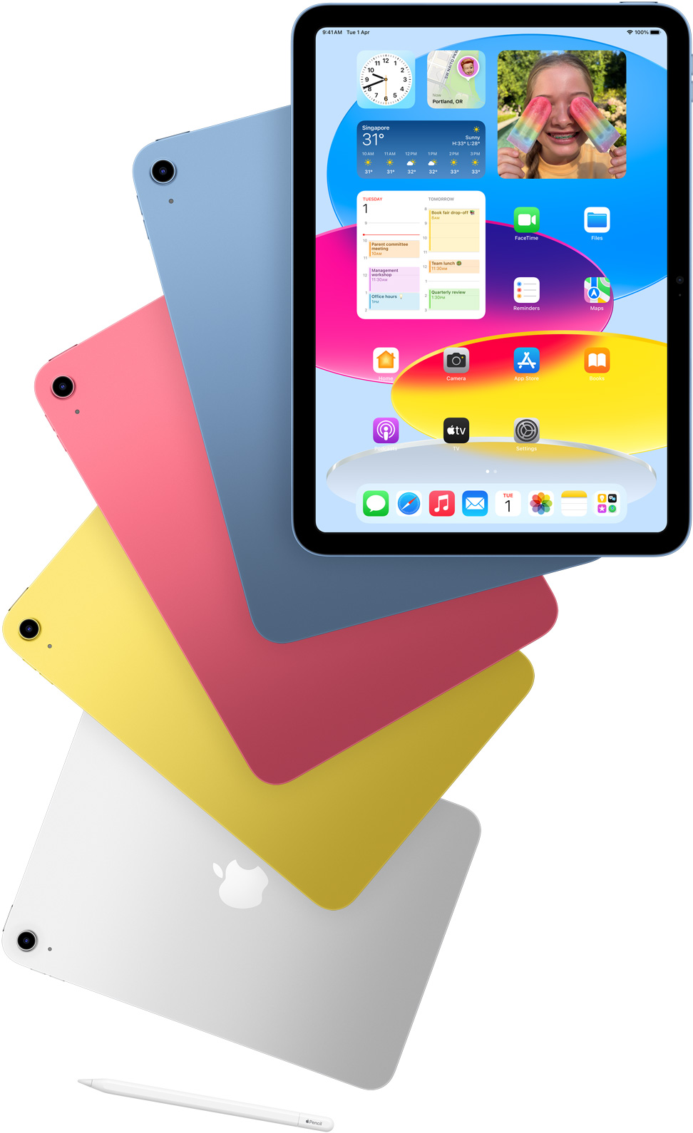 Front view iPad shows the home screen with blue, pink, yellow and silver rear-facing iPads. An Apple Pencil sits near the arranged iPad models.