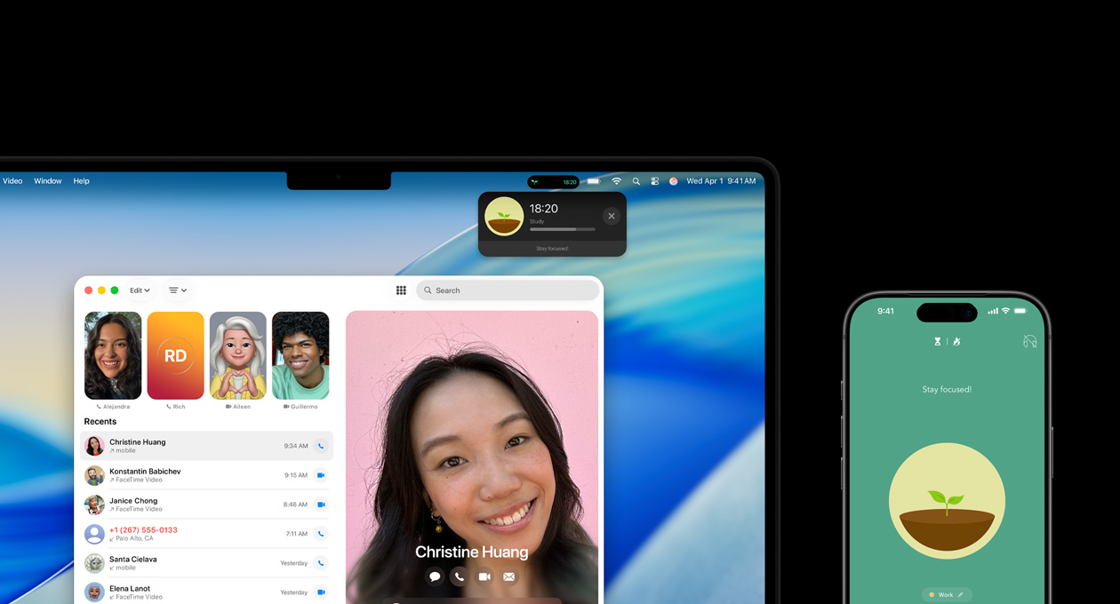 A MacBook Pro and iPhone side by side, MacBook Pro screen displays the Phone app and Live Activities from the Forest app, iPhone shows the Forest app
