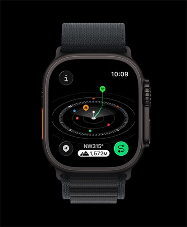 Apple Watch Ultra 3, black color, titanium case, Compass app, marked waypoints, band, black Alpine Loop
