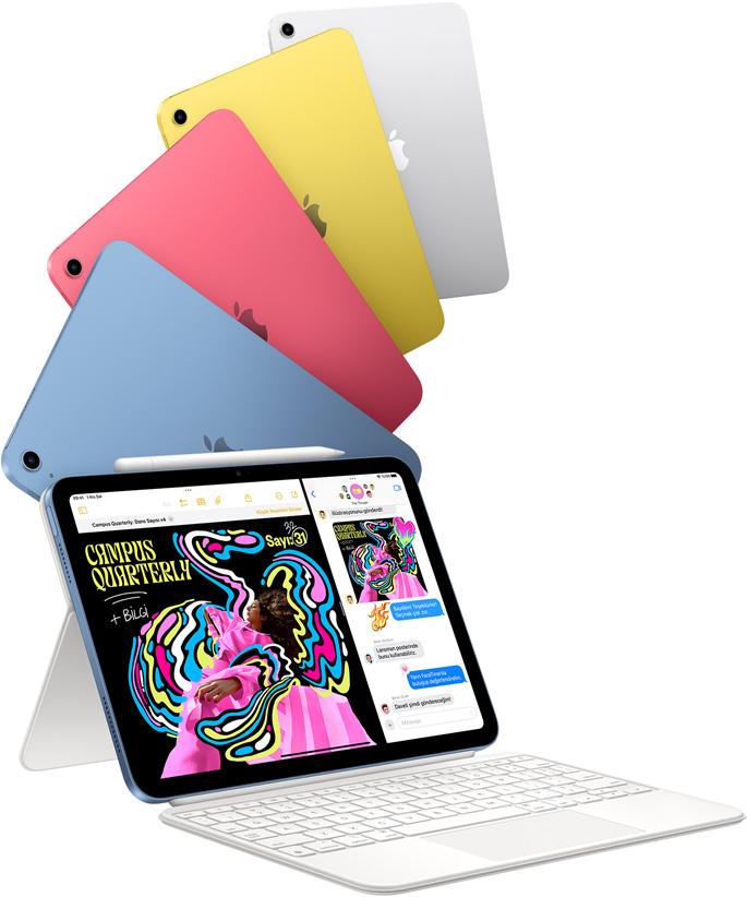 Mavi, pembe, sarı ve gümüş rengi iPad’ler ve Magic Keyboard Folio’ya takılı bir iPad.