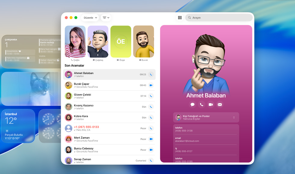 Kilit ekranında FaceTime uygulaması açık, sağda Genmoji ve kişi adının yer aldığı kişi kartı ve sağda son aramalar listesi gösteriliyor