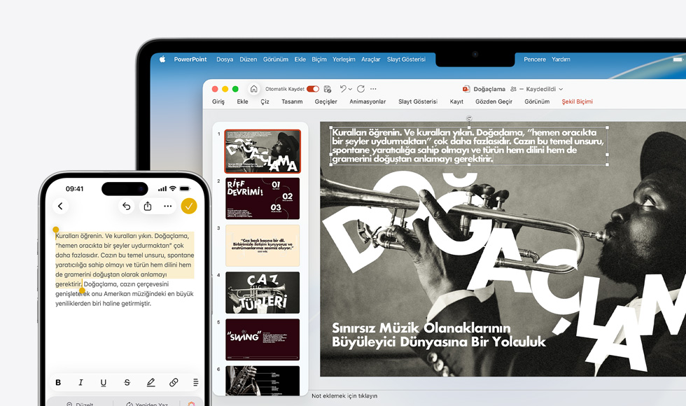 iPhone 16 Plus’ta Notlar uygulaması açık ve bir metin seçili, MacBook Air’de PowerPoint slaytı açık, slaytta Notlar uygulamasındaki metin görülüyor
