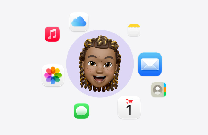 Gülümseyen yüz emoji’sinin etrafını çevreleyen çeşitli uygulama simgeleri: Müzik, iCloud Drive, Notlar, Mail, Kişiler, Takvim, Mesajlar ve Fotoğraflar