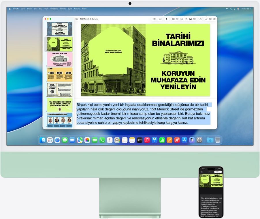 iMac ve iPhone 16 Plus, iMac’te Keynote uygulaması açık, iPhone’da slayt ve sunucu notları görünüyor