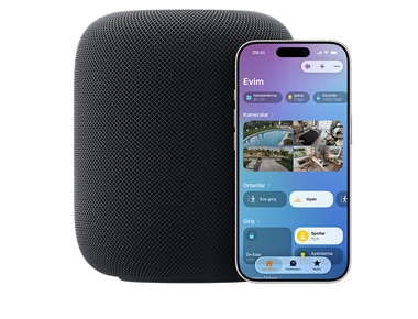 Gece Yarısı renginde bir HomePod ve Ev uygulamasındaki "Evim" arayüzünü gösteren bir iPhone