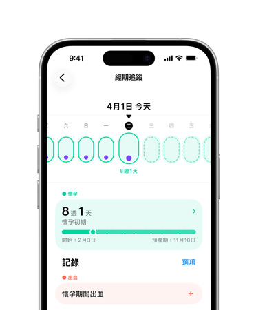 iPhone 展示健康 app 中的經期追蹤功能,已設定為追蹤孕期里程碑