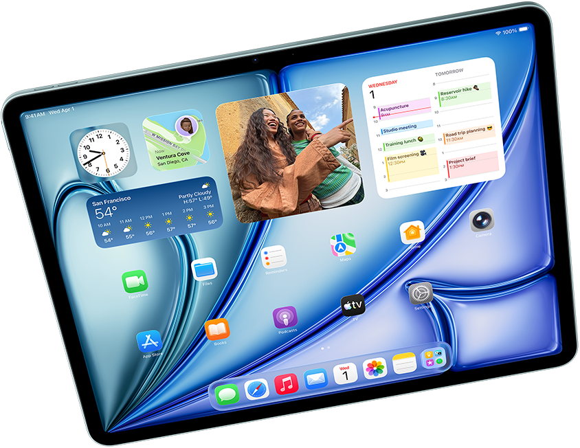 iPad Air в горизонтальній орієнтації, демонструється робота Apple Intelligence з Image Playground і Keynote, Apple Pencil Pro