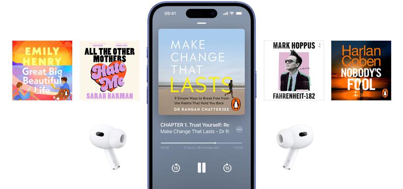 iPhone screen is centred, showing an audiobook in the Books app. Surrounding the phone are audiobook covers positioned in a horizontal layout.