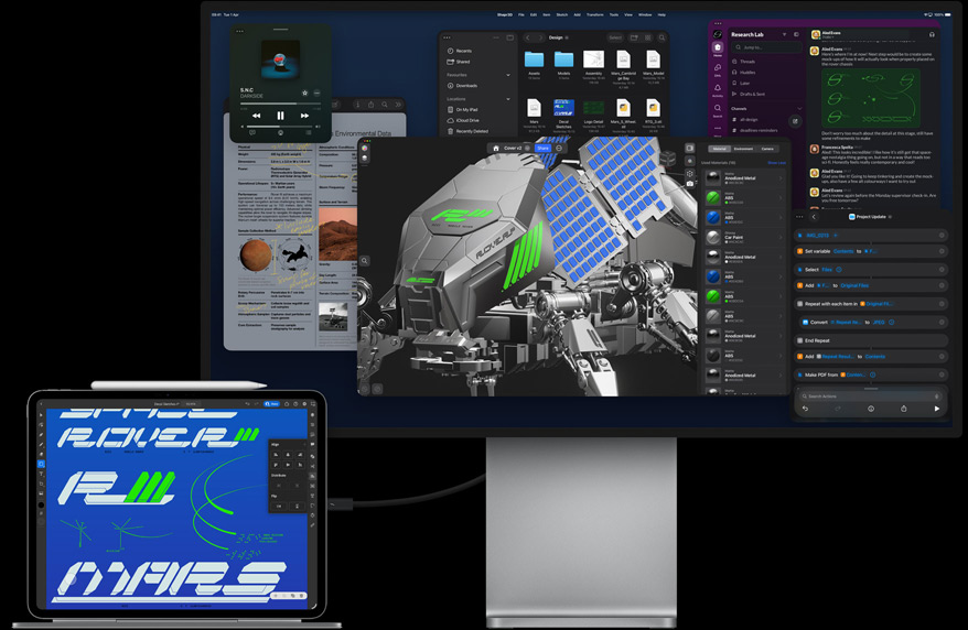 iPad Pro attached to Magic Keyboard, front exterior, all connected to external Mac Studio Display, iPad Pro display with graphic design app, vibrant colors and text, Studio Display showing various apps and a 3D model
