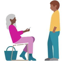 Woman sitting in chair, holding an iPhone with sound waves coming from device, man standing in front of her and listening