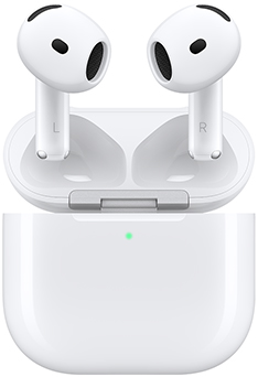AirPods 5: white colour, oval-shaped earbuds, short stems, wireless charging case, seamless construction with speaker opening, external LED power indicator, lid open, attached by silver hinge