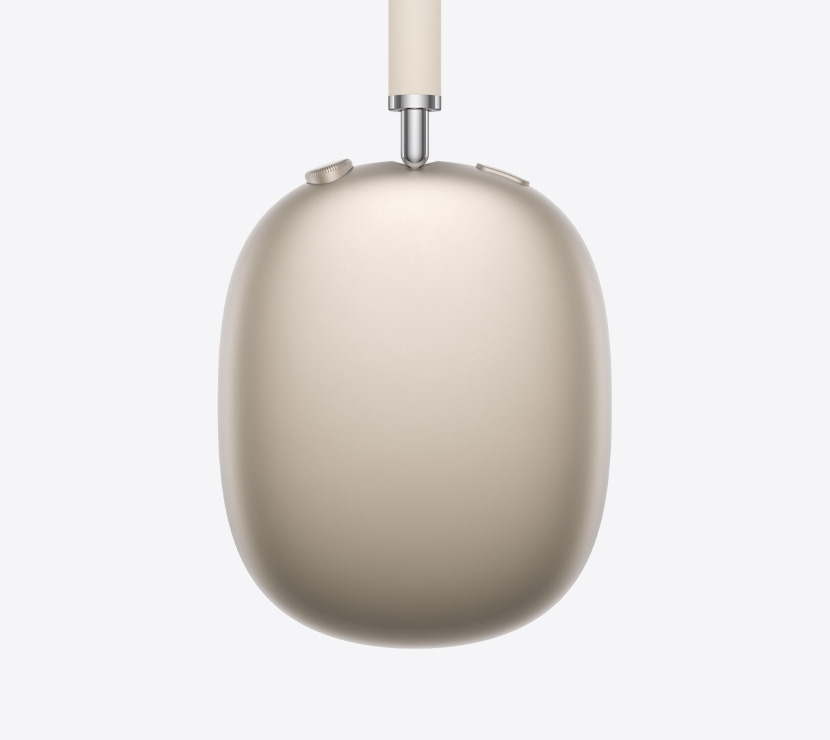 سماعات الرأس AirPods Max 2، الجهة الخارجية الجانبية، لون ضوء النجوم، تفاصيل الذراع القابلة للتعديل، بطانة الأذنين، التاج الرقمي وزر التحكم في الضوضاء