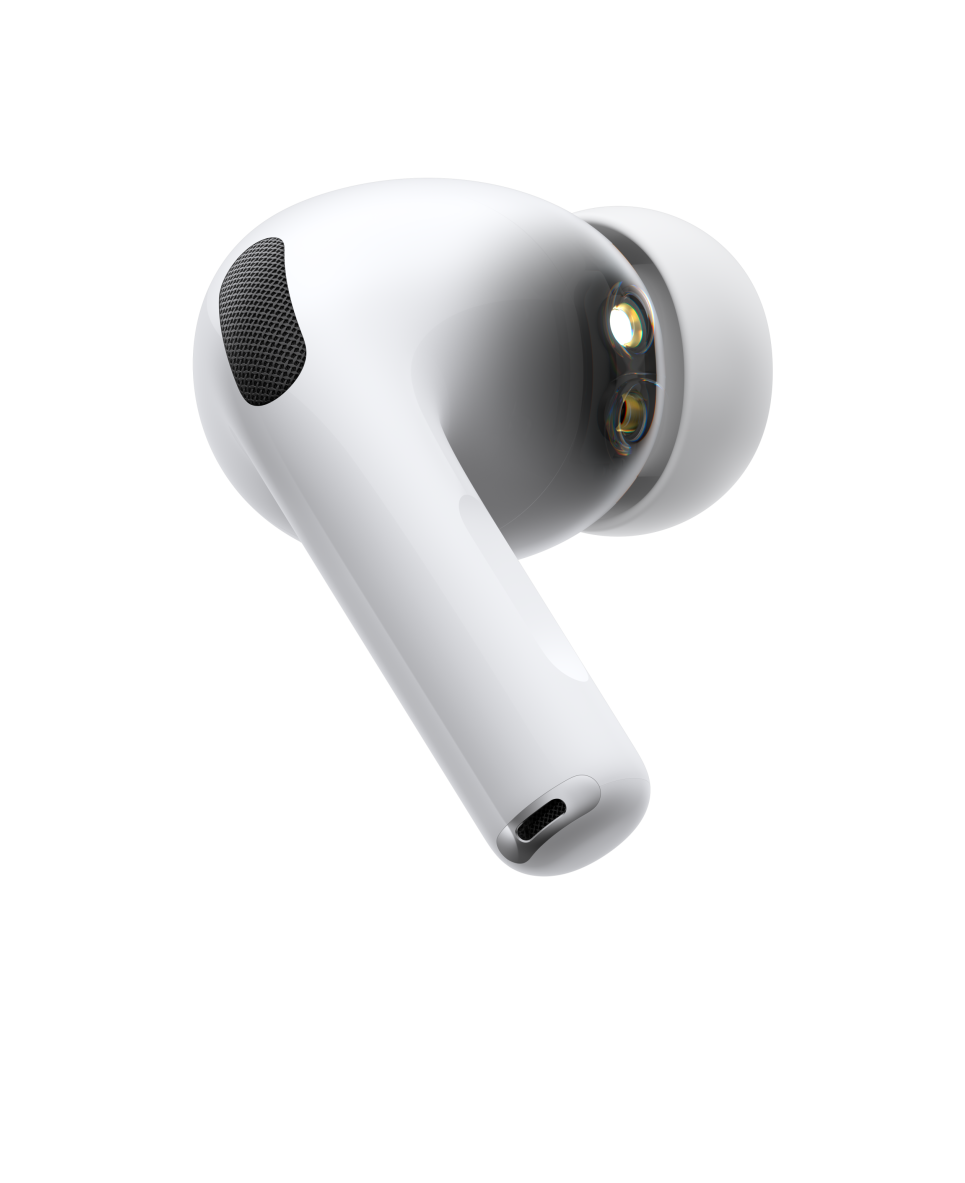 AirPods Pro 3, wireless headphone, white color, side exterior, short tubular stem, noise-canceling microphone, silicone tip, pulsating wave
