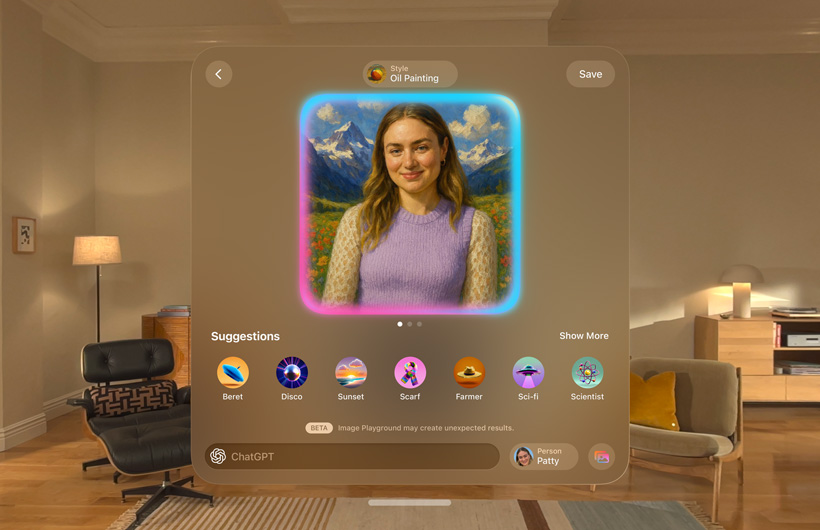 Apple Vision Pro Image Playground screen floating in room showing a Genmoji face