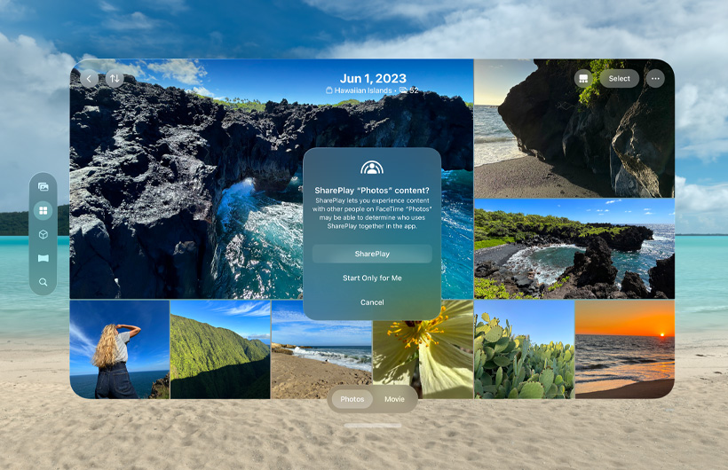 Photo library in SharePlay interface over Bora Bora Environment, interstitial window with headline SharePlay Photos content displayed, with three buttons that read: SharePlay, Start Only for Me, and Cancel