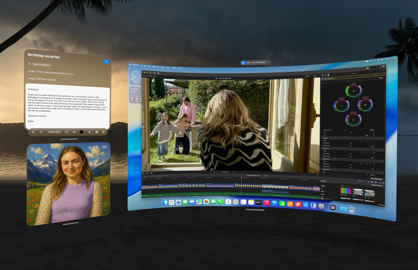 Multiple app windows displayed in an Environment, including Mail, Image Playground, and Mac Virtual Display