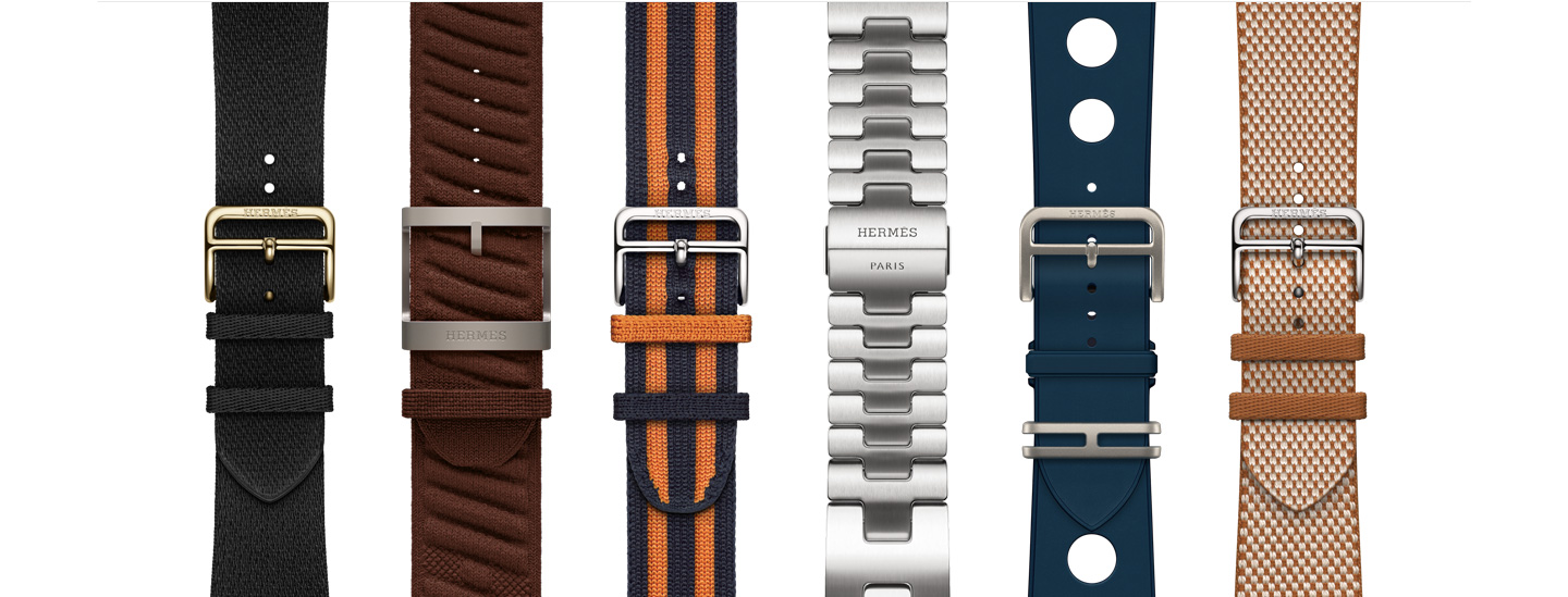 Six Apple Watch Hermès bands in varying styles and colours