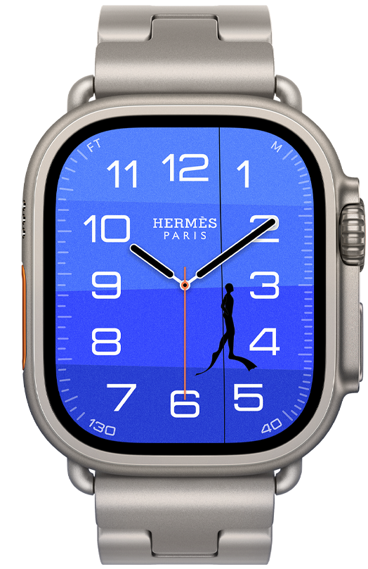 Apple Watch Hermès Ultra 4, Fathom and Wonder analogue watch face (hour, minute and second hands, Depth complication, with an orange buoy floating on top of a turquoise ocean with a gradient from light to dark blue), titanium case, natural colour, right side exterior, Digital Crown, raised side button, paired with Grand H Titane band, Gris Titane colour