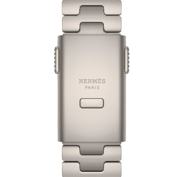 Apple Watch Hermès Ultra 4 Grand H Titane band detail, Gris Titane colour, Hermès logo engraved on buckle