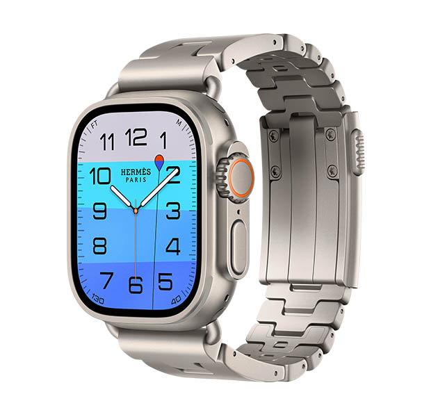 Apple Watch Hermès Ultra 4, Fathom and Wonder analogue watch face (hour, minute and second hands, Depth complication, with a diver swimming downwards through a sea with a gradient from light to dark blue), titanium case, natural colour, right side exterior, Digital Crown, raised side button, paired with Grand H Titane band, Gris Titane colour