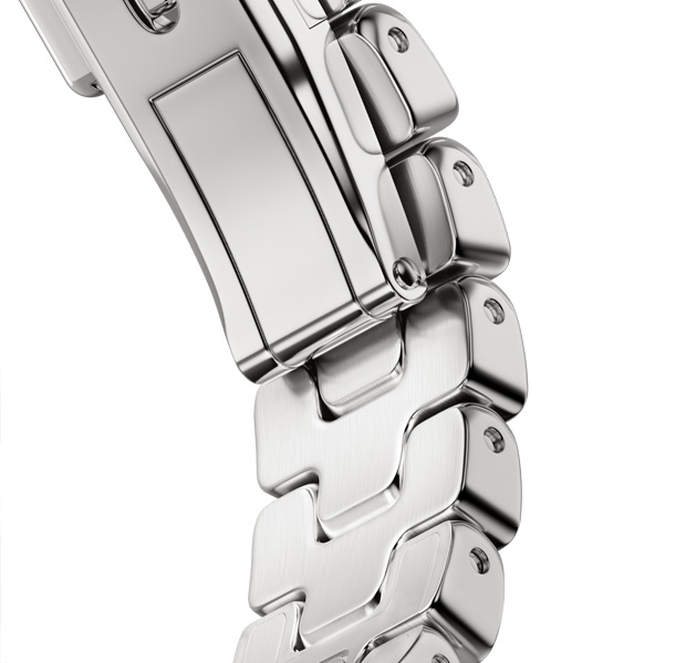 Apple Watch Hermès Series 12 Grand H band detail, satiné colour, quick-release metal buckle