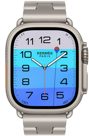 Apple Watch Hermès Ultra 4, Fathom and Wonder analogue watch face (hour, minute and second hands, Depth complication, with an orange buoy floating on top of a turquoise ocean with a gradient from light to dark blue), titanium case, natural colour, right side exterior, Digital Crown, raised side button, paired with Grand H Titane band, Gris Titane colour