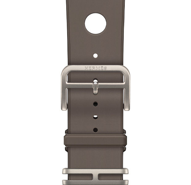 Apple Watch Hermès Ultra 4 Scub'H Diving band, Gris Titane colour (grey), clasp detail, smooth moulded rubber material, circular cutouts centred