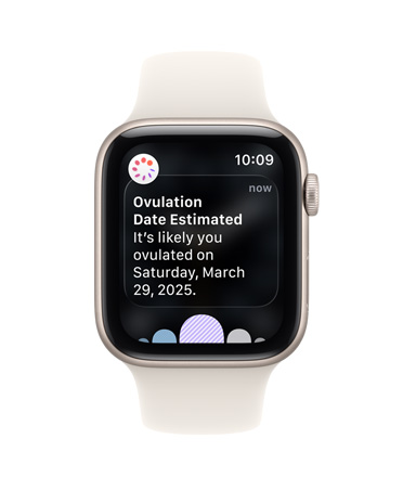Apple Watch SE 3, alumiiniumkorpus, tähevalge, tervise rakenduse tsükli jälgimise funktsiooni ovulatsiooniaja hinnangu teavitus, Digital Crown, Sport Band, tähevalge