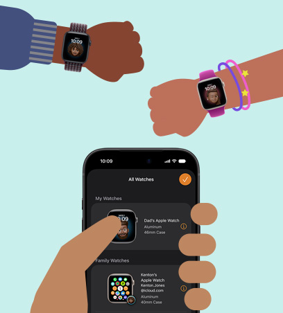 Apple Watch 親子設定，卡通插圖展示小朋友腕上戴着已配對父母手上 iPhone 的 Apple Watch SE 3