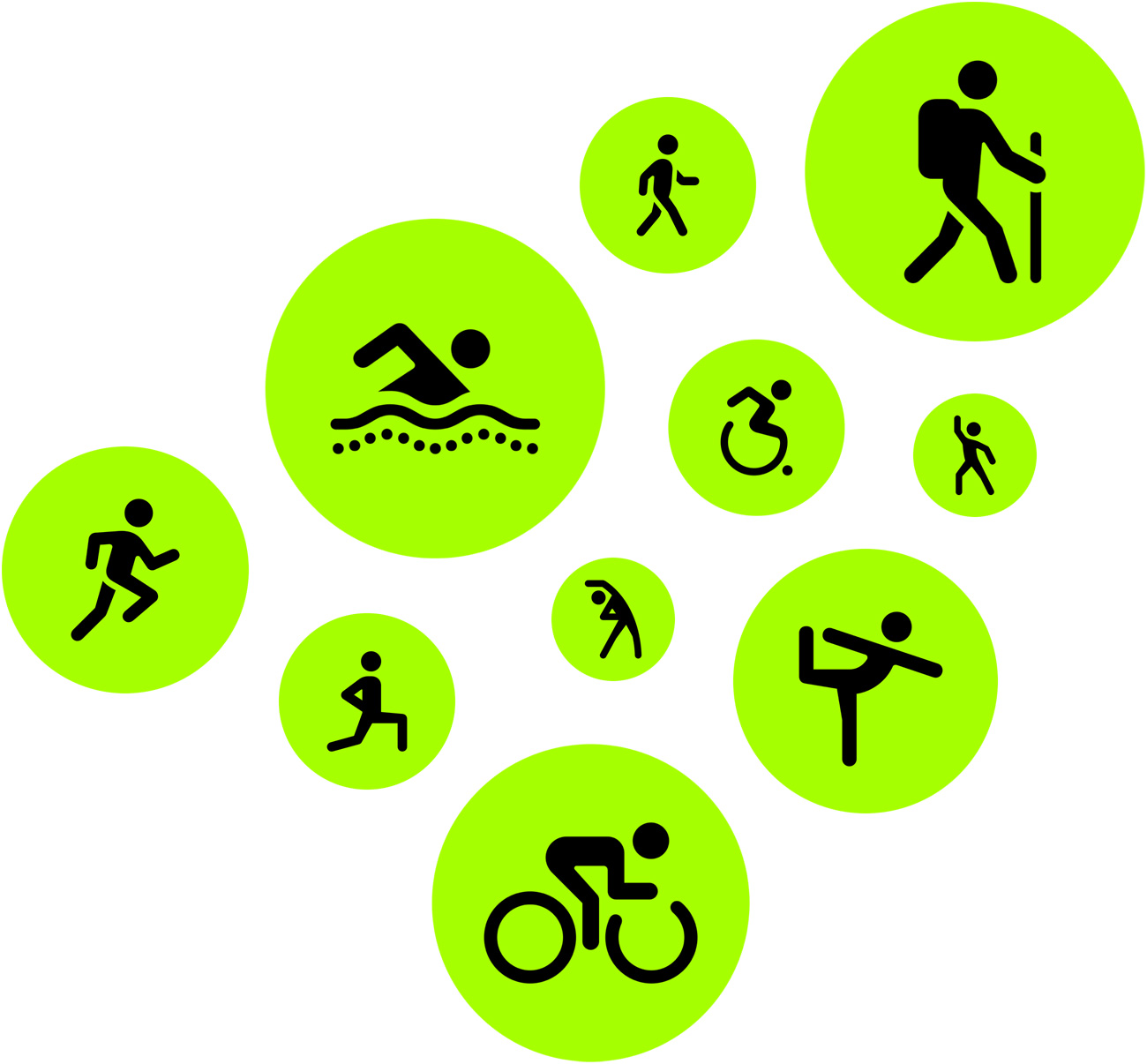 Íconos de entrenamientos: carrera, caminata, natación, senderismo, bicicleta, baile, estiramiento y yoga{