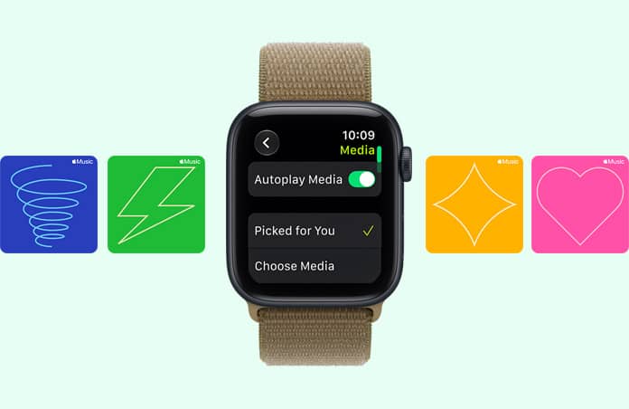 Apple Watch SE 3，午夜暗色鋁金屬錶殼，配搭橄欖色 (泥綠色) 運動手環錶帶，螢幕顯示媒體播放器；機身右側有數碼錶冠；背景為 Apple Music 圖像，包括旋風、閃電、菱形和心形圖案