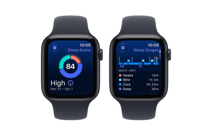 Apple Watch SE 3 裝置，午夜暗色鋁金屬錶殼，配搭海軍藍色運動錶帶，螢幕顯示睡眠分數和睡眠階段，機身右側有數碼錶冠