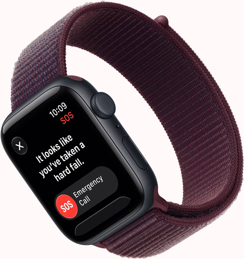 Apple Watch SE 3，午夜暗色鋁金屬錶殼，配搭布根地紅色運動手環，螢幕顯示 SOS 跌倒偵測通知、撥打緊急電話按鈕