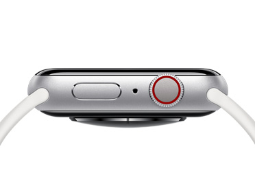 Apple Watch, silver colour, right side exterior, side button, microphone, Digital Crown dial
