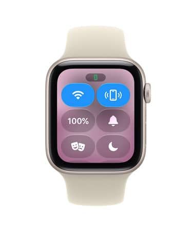 Apple Watch SE 3, aluminum case, starlight colour, screen shows Control Center, ping iPhone icon, right side exterior, Digital Crown dial, Sport Band, pale succulent colour (light yellow-green)