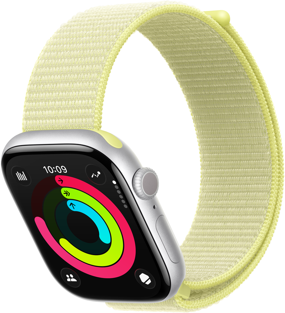 Apple Watch Series 11, culoare Argintiu, carcasă din aluminiu, inele Activitate: Mișcare, Antrenament și Stat în picioare, partea dreaptă exterioară, butonul rotativ Digital Crown, buton lateral, microfon, curea, brățară Sport, culoare Galben neon