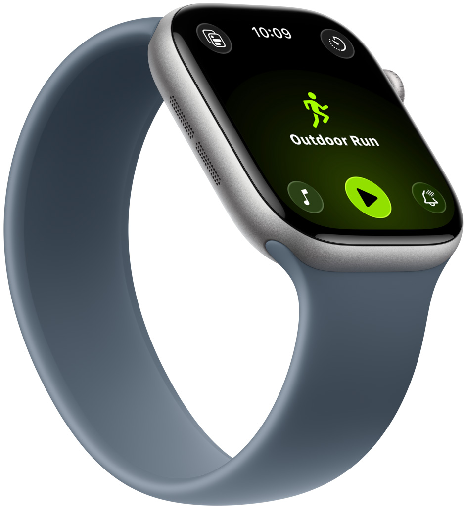 Apple Watch Series 11, carcasă din aluminiu, culoare Gri stelar, exercițiul Alergare afară, comenzi Apple Music în partea de jos a ecranului, brățară Solo, culoare Albastru ancoră