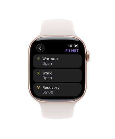 Apple Watch Series 11, culoare Roz auriu, carcasă din aluminiu, aplicația Exerciții, card Exercițiu personalizat, curea Sport, culoare Ușoară îmbujorare