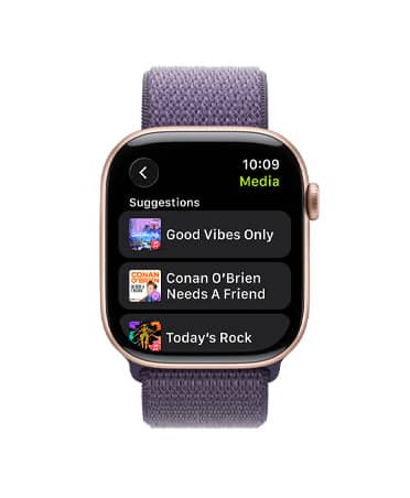 Apple Watch Series 11, culoare Roz auriu, carcasă din aluminiu, comenzi Apple Music, playlist pentru antrenament, partea dreaptă exterioară, Digital Crown, curea, brățară Sport, culoare Ceață mov