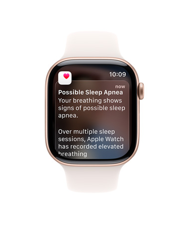 Apple Watch Series 11, culoare Roz auriu, carcasă din aluminiu, notificare extinsă de apnee de somn, partea laterală dreaptă exterioară, Digital Crown, curea Sport, culoare Ușoară îmbujorare