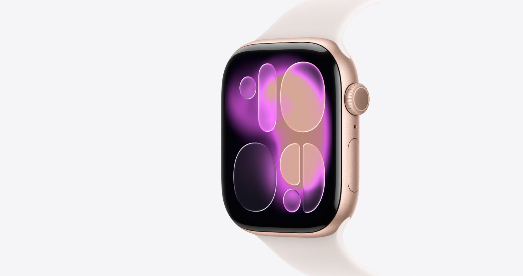 Apple Watch Series 11, culoare Roz auriu, carcasă din aluminiu, cadran de ceas Artă interactivă, partea dreaptă exterior, Digital Crown, microfon, buton lateral, Curea Sport, culoare Ușoară îmbujorare
