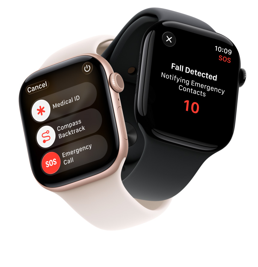 Dispozitive Apple Watch Series 11, carcase din aluminiu, culori Roz auriu și Negru diamant lucios, funcții de siguranță pe ecran: ID medical, Retrasare cu busolă, apel la serviciile de urgență, curele Sport, culori Ușoară îmbujorare și Negru