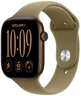 Apple Watch Series 12, aluminum case, dark bronze colour, Modular watch face, complications: day and date, Workouts, heart rate, readiness, right side exterior, Digital Crown, side button, Sport Band, olive colour