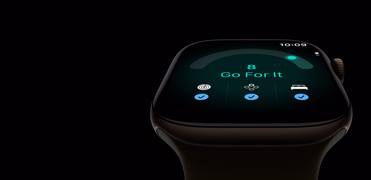 Apple Watch Series 12, aluminum case, dark bronze colour, readiness score of 8, right side exterior, Digital Crown, Sport Band, olive colour