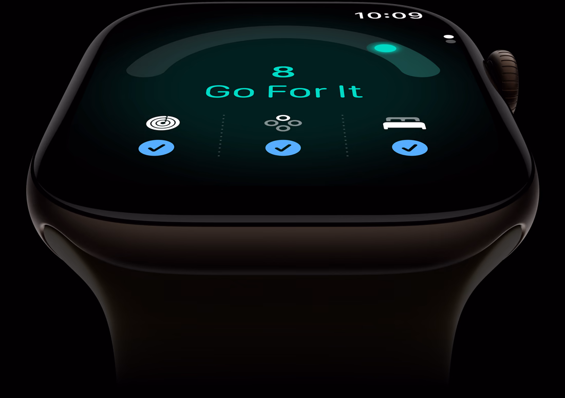Apple Watch Series 12, aluminum case, dark bronze colour, readiness score of 8, right side exterior, Digital Crown, Sport Band, olive colour