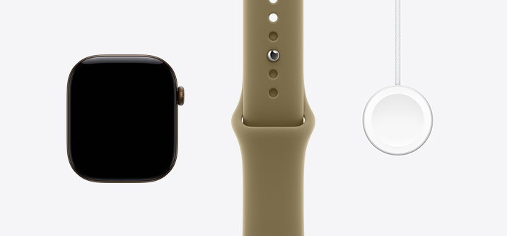 Apple Watch Series 12 med urkasse i aluminium i farven mørk bronze, vist forfra med skærm fra kant til kant, Sportsrem i olivengrøn, hurtig magnetisk Apple Watch-oplader til USB‑C-kabel