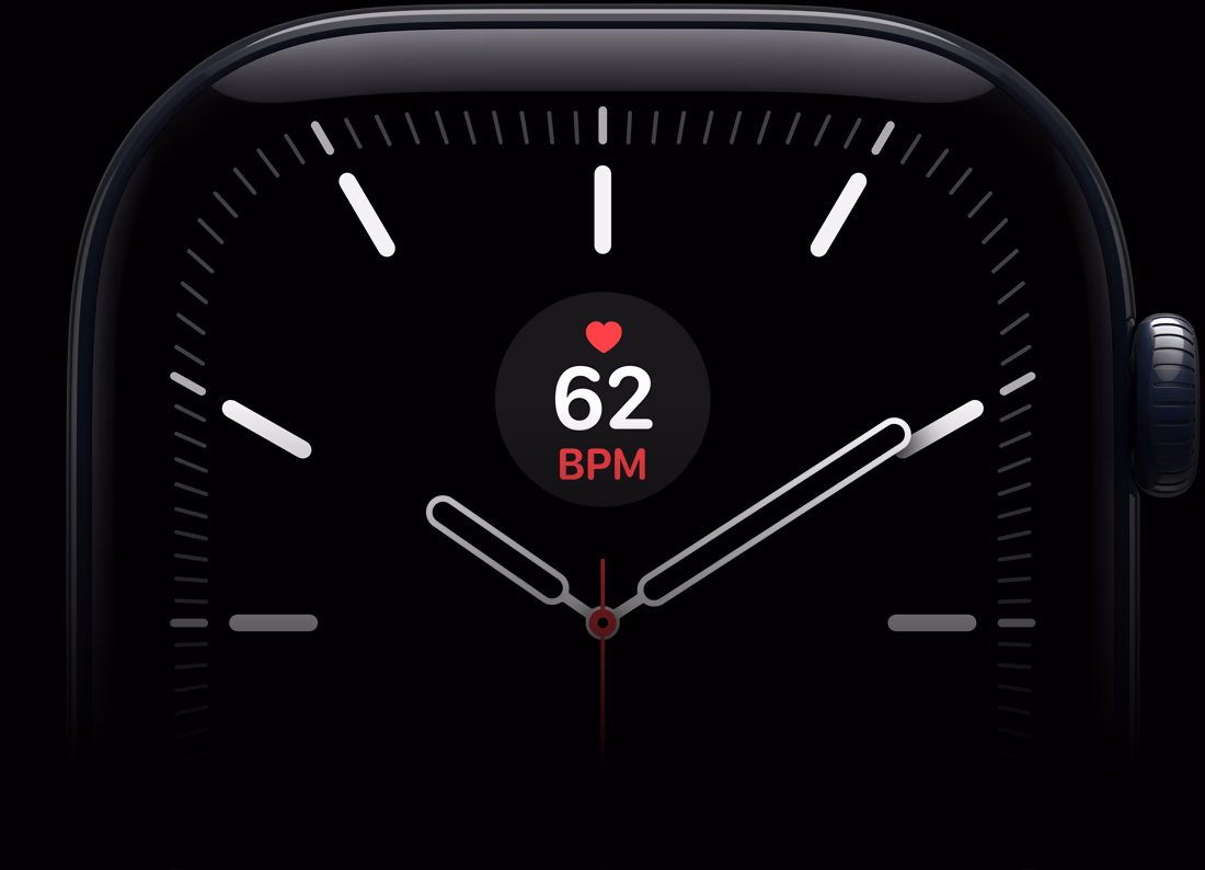 Apple Watch Series 12, ceramic case, night blue color, Meridian watch face with heart rate complication, right side exterior, Digital Crown