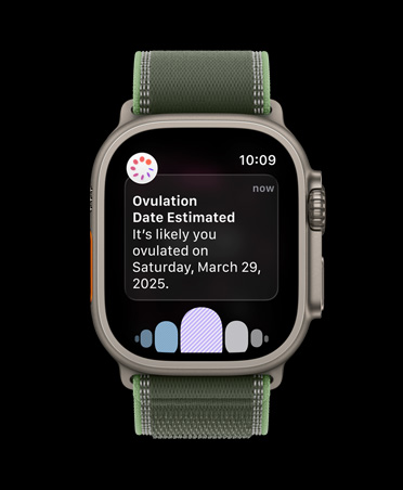 Apple Watch Ultra 3, natural titanium case, ovulation date estimation notification from Cycle Tracking in Health app, strap, Trail Loop, blue/bright blue