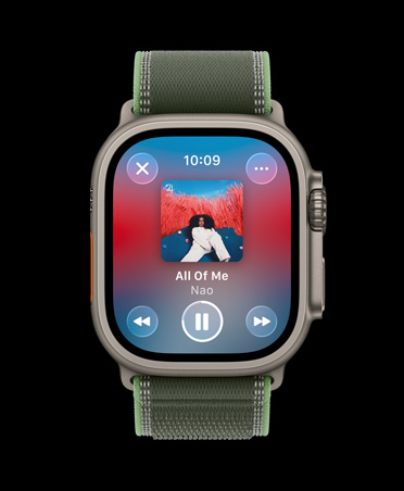 Apple Watch Ultra 3, titanium case, natural color, Apple Music, workout playlist, controls, previous song, next song, pause, Trail Loop, green/neon color